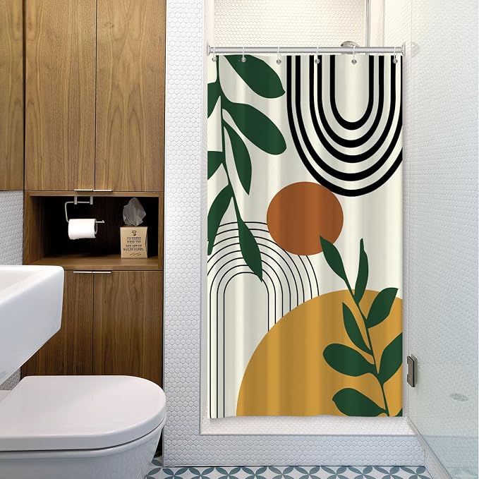 Boho Geometric Shower Curtain Beige Mid Century Abstract Arch Curve Bathroom Curtain Minimalistic Sun Shower Curtain Sets for Bathroom Extra Long 36x72 in with 6 Hooks