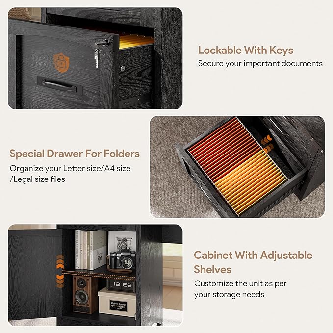 Decofy L Shaped Farmhouse Executive Desk with Drawers, 67" Home Office Desks with Fast Charging Station, Lockable File Cabinet, Wood Writing Computer Desk for Work, Study, Black
