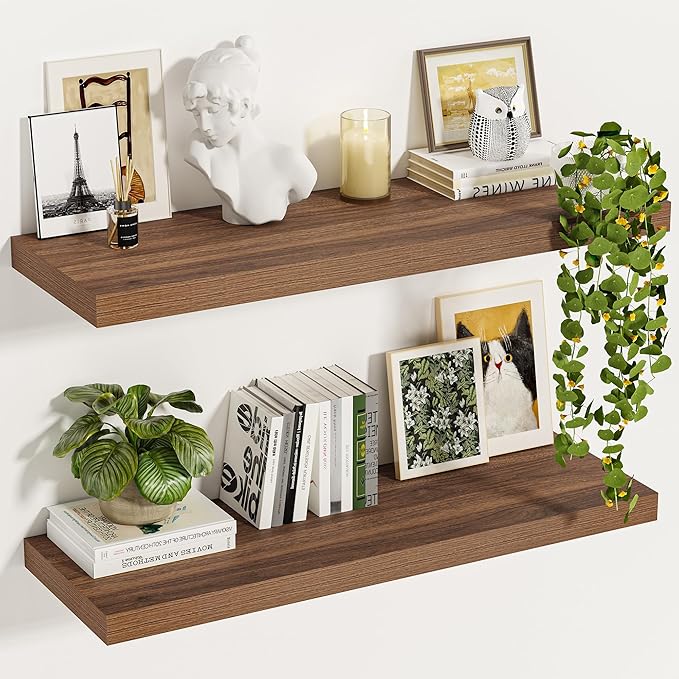 Vivelove Rustic Floating Shelves for Wall 12 Inch Deep, 35.4" X 12" X 1.5" Floating Shelf, 2 Inch Thick Shelf for Living Room Bathroom Bedroom Kitchen Office, Rustic Farmhouse Decor Set of 2, Walnut