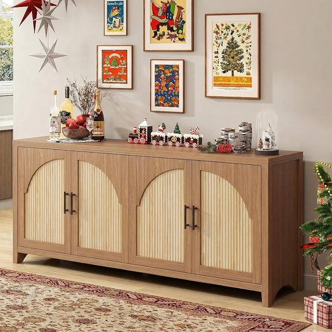 Bestier 70" Sideboard Buffet Cabinet with Storage, Boho Credenza Storage Cabinet, Farmhouse Arch Fluted Doors & Adjustable Shelves, Wood Long Buffet Cabinet for Living Room, Entryway, English Oak
