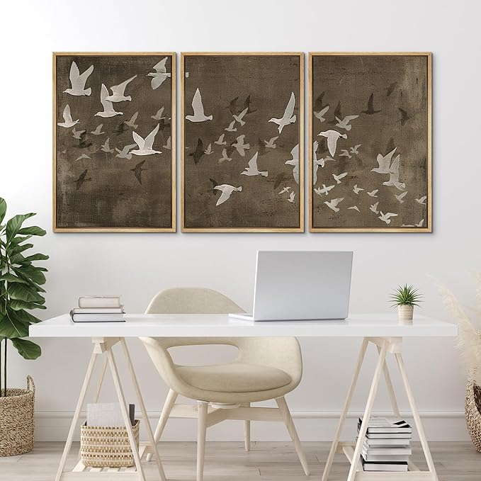 MUDECOR Framed Wall Art Print Set Flock of Abstract Birds in Flight Earthy Tones Illustrations Modern Art Boho Decorative Colorful Chic for Living Room, Bedroom, Office - 24"x36"x3 Natural