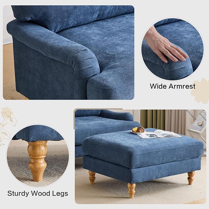 Bezseller Oversized Chair Indoor with Ottoman, 46" W Upholstered Armrest Sofa, Big Comfy Lounge Sofa Deep Seat Sleeper Chair for Living Room, Apartment, Bedroom, Reading Room(Blue)