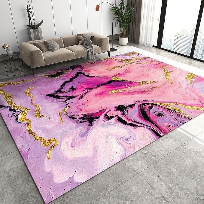 6x9 Area Rug Abstract Fluid Art Outdoor Carpet, Black Pink Purple Gold Marble Texture Rug with Non-Slip Backing Easy Can Be Washed for Living Room Bedroom Kitchen Dining Room Home Floor Rug