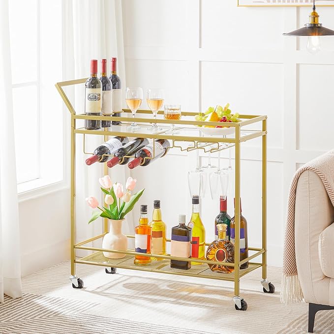 HOOBRO Bar Cart for The Home, Gold Bar Cart, 2-Tier Home Bar Serving Cart with Wine Rack and Glass Holder, Bar Carts with for Bar, Kitchen, Dining Room, Living Room, Gold GD11TC01