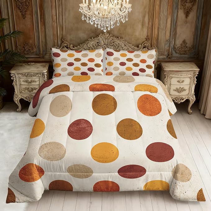 Polka Dot Full Size Comforter Sets 3 Piece, Retro Geometric Printed Pattern, Soft All Season Bed Comforter & 2 Pillow Sham, Polka Dots Bedroom Decor Reversible Bedding D-GM8