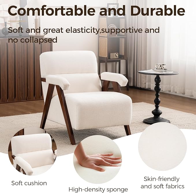 Accent Chair Mid Century Modern Living Room Chairs with Thick Cushion Comfy Upholstered Armchair Cozy Small Side Chairs for Reading Room Bedroom Ivory