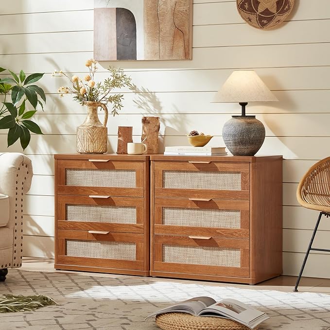 LEYAOYAO Rattan Night Stand Set of 2 with Drawers, 23" Large 3 Drawer Boho Nightstand, Natural Wood Bedside Table Storage Cabinet, Bed Side End Tables Dresser for Bedroom, Living Room, Hallway, Closet