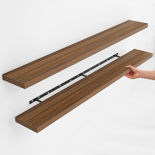 Fun Memories Rustic Wood Floating Shelves for Wall, Space-Saving Wall Mounted Shelves for Bathroom, Bedroom, Living Room and Kitchen, Stylish Storage & Display (Set of 2, Walnut, 66 in)