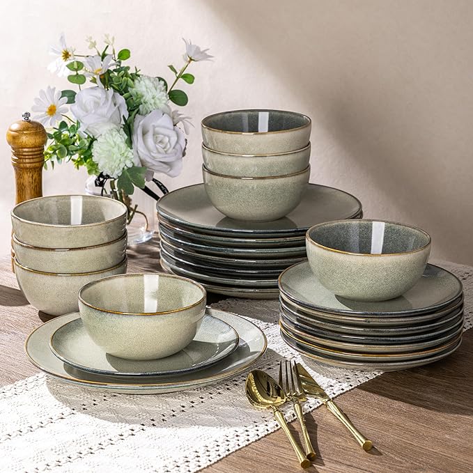 AmorArc Ceramic Dinnerware Sets for 4, 12 Pieces Handpainted Stoneware Plates and Bowls Set, Scratch Resistant Dishes Set, Dishwasher & Microwave Safe, Reactive Color