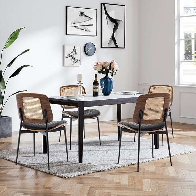 LUNLING Dining Chairs Set of 4 Mid Century Modern Retro Faux Leather Kitchen Chair with Walnut Bentwood Upholstered Seat Metal Legs Adjustable Foot for Kitchen Dining Room Chairs(Black-Rattan Back)