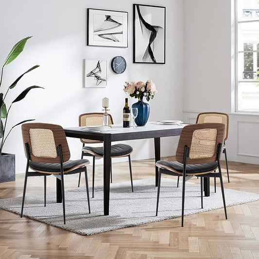 LUNLING Dining Chairs Set of 4 Mid Century Modern Retro Faux Leather Kitchen Chair with Walnut Bentwood Upholstered Seat Metal Legs Adjustable Foot for Kitchen Dining Room Chairs(Black-Rattan Back)
