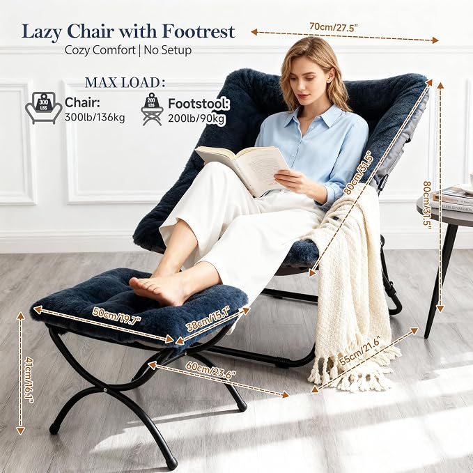 Furlide Saucer Chair with Ottoman, Comfy Doorm Chairs, Oversized Folding Faux Fur Chair, Foldable Metal Frame Chair for Bedroom, Living Room(Navy Blue)