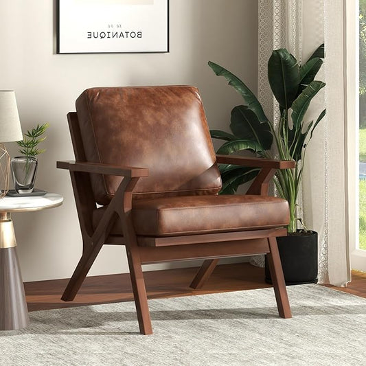 Bonzy Home Faux Leather Accent Chair for Living Room,Upholstered Armchair with Cushions and Solid Wood Frame, Mid-Century Modern Lounge Chair for Bedroom or Office,Brown