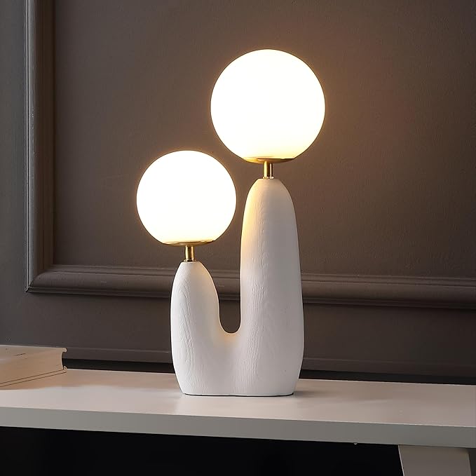 JONATHAN Y JYL4065B Oda 17.75" 2-Light Modern Bohemian Resin/Iron/Frosted Glass Danish Cactus LED Table Lamp for Bedroom, Living Room, Office, College, Nightstands and Coffee Table, White/Brass Gold