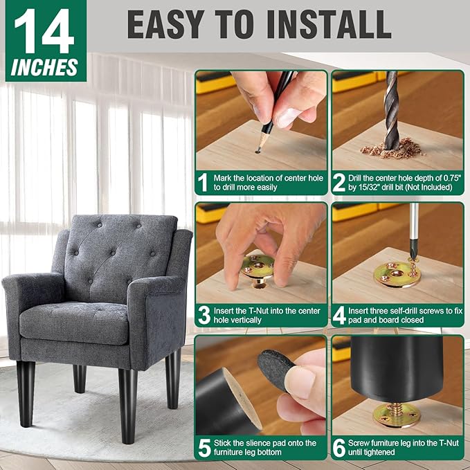 FoDau770 Black Rubber Wood Furniture Legs 14 Inches, 5/16" UNC Straight Tapered Wood Feet Mid Century Sofa Legs, Wooden Furniture Feet Replacement Parts for Cabinet Couch Dresser Chair Ottoman Table