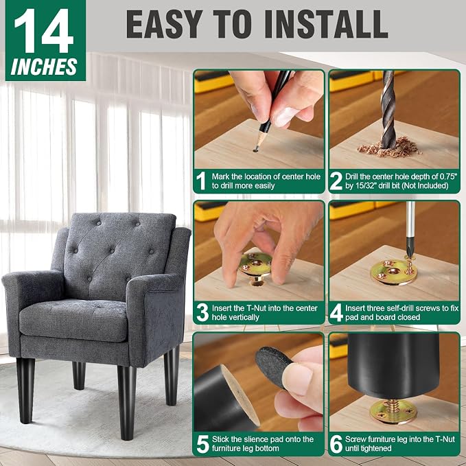 FoDau770 Black Rubber Wood Furniture Legs 14 Inches, Straight Tapered Wood Feet Mid Century Sofa Legs Set of 4, 5/16" UNC Furniture Feet for Cabinet Couch Dresser Chair Ottoman Table