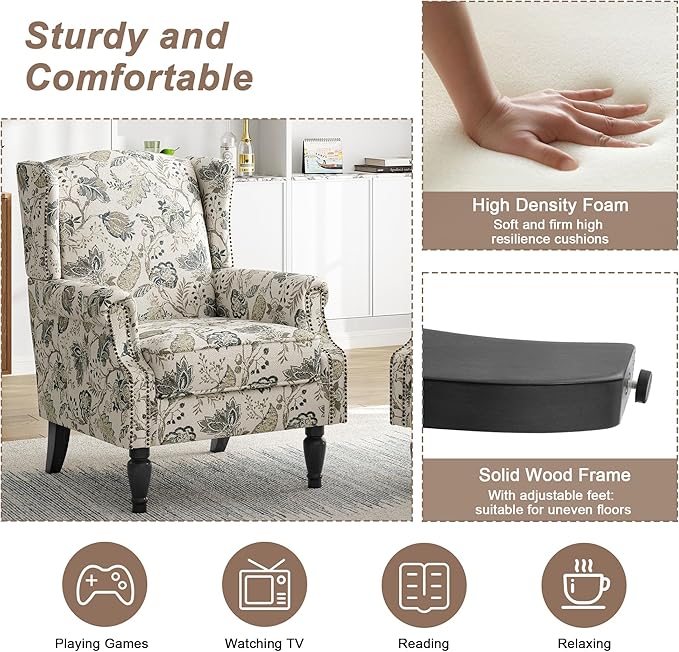 Floral Print Wingback Accent Chair, Retro Modern Farmhouse Armchair with High Back, Tufted Nailhead Trim & Solid Wood Legs, Upholstered Comfy Reading Chair for Living Room Bedroom Office, Plants Beige
