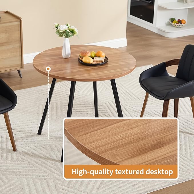 34.6" Round Dining Table for 2-4, Mid-Century Modern Walnut Kitchen Table with Woodgrain Top & Black Metal Legs, Space-Saving Table for Apartment, Breakfast Nook, Small Spaces - Walnut