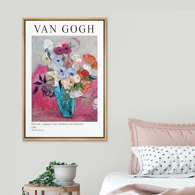 SIGNLEADER Framed Canvas Print Wall Art Still Life Japanese Roses Van Gogh Botanical Brushstroke Illustrations Traditional Colorful Multicolor for Living Room, Bedroom, Office - 24"x36" Natural