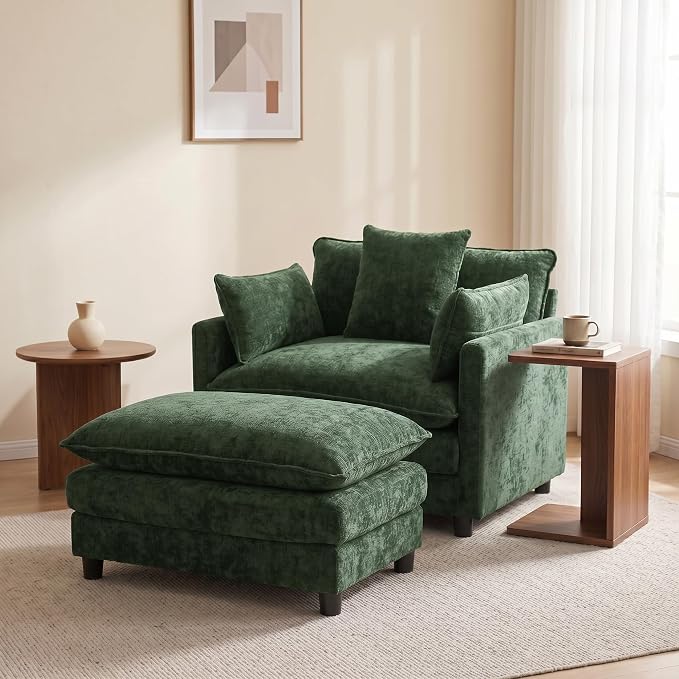 Oversized Accent Chair with Ottoman, Chenille Cloud Single Sofa Upholstered Double-Layer Seat Lounge Armchair with Pillows for Living Room Reading Apartment, Green