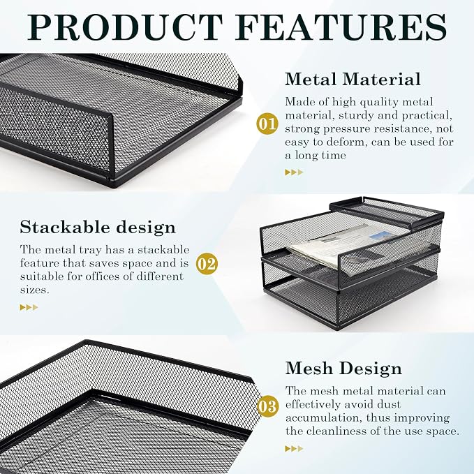 Metal Letter Tray Set, Stackable Wire Mesh Desk Organizer – Front Load File Holder for A4 Paper, Office, Home, Classroom (Black)