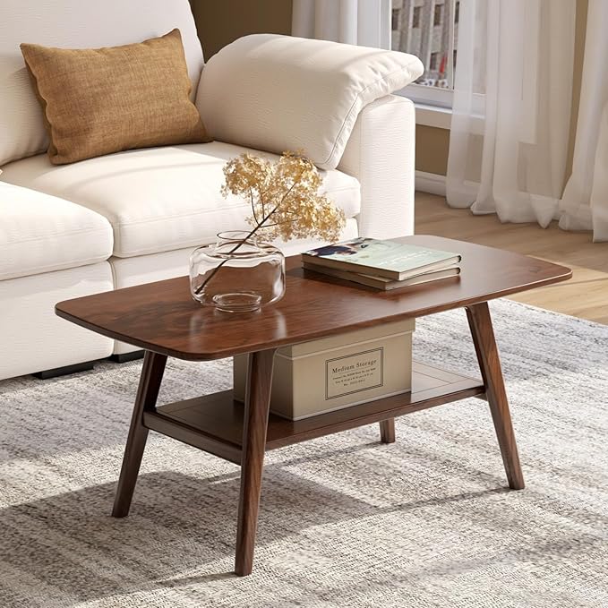 100% Solid Oak Wood Coffee Table for Living Room, 2-Tier Living Room Table with Storage Shelf, Mid Century Modern Coffee Tables (Walnut Colour, 39.37" W x19.68 D x 17.32" H)