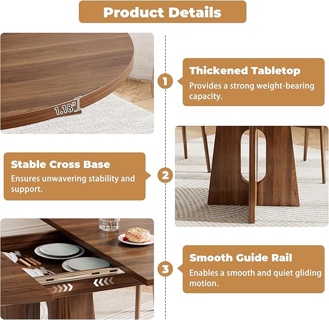 59-Inch Extendable Round Dining Table for Dining Room, 4-6 People Farmhouse Oval Wood Expandable Kitchen Dinner Table with Heavy Cross Pedestal for Living Room, Apartment, Dark Brown Walnut