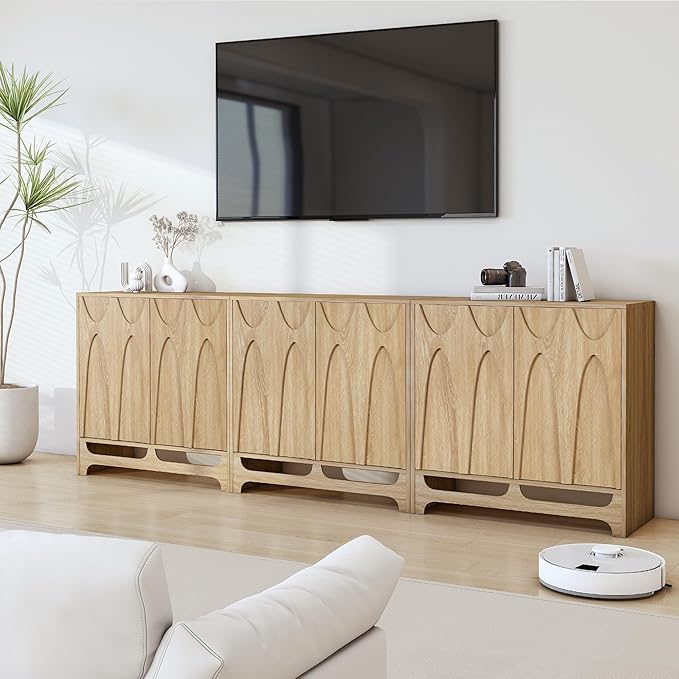 Sideboard Buffet Cabinet with Storage Set of 3, 94.5” Mid Century Modern Storage Cabinet with Adjustable Shelf and 6 Doors for Dining Room, Living Room,Entry