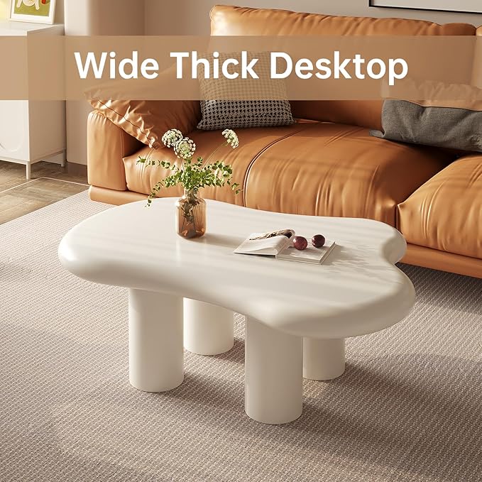 35.82" White Cloud Coffee Table, Modern Round Edge Coffee Table with 4 Sturdy Support Legs and 2.67" Thick Tabletop,Easy Match for Living Room, Bedroom, Balcony, Patio