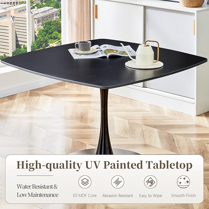 Square Dining Table,42.1" Tulip Table with Metal Pedestal,15-Minute Quick Assembly,Mid Century Modern Leisure Table for Kitchen Small Places Cafe (Black)