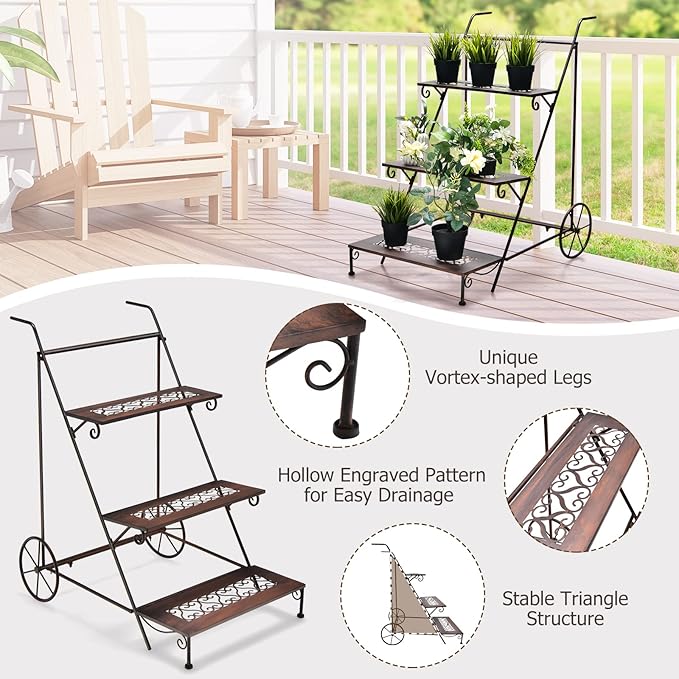 Giantex 3-Tier Metal Flower Cart, Ladder Shaped Plant Stand w/ Wheels & Handle, Exquisite Pattern, Rolling Garden Cart for Indoor & Outdoor, Folding Plant Holder for Balcony Garden Porch