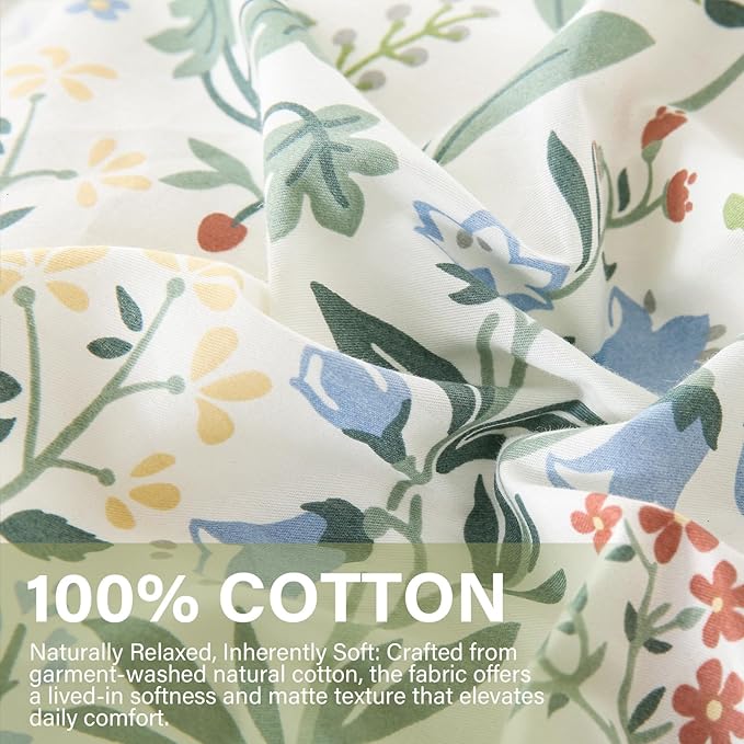 Duvet Cover Full Size 100% Cotton Comforter Cover Green Floral Breathable Duvet Cover with Zipper Closure & Corner Ties 3 Pcs Green Fragrant Grass Duvet Cover Set