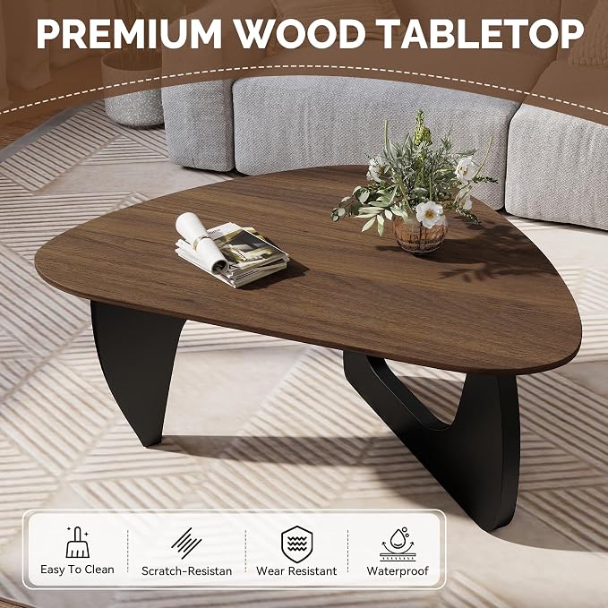 Modern Wood Coffee Table, Triangle Center Table with Premium Wooden Top& Unique Base, 35.5” Small Mid Century Tea Tables for Living Room, Apartment, Office,Walnut & Black