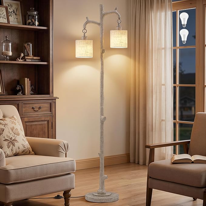 EJIAXIN Floor Lamp for Living Room - 69" Rustic Tree Trunk Standing Lamps - Country Resin Tall Lamp with 2 Reading Light - Farmhouse Floor Lamp for Bedroom Office Home Decor (Grayish White)