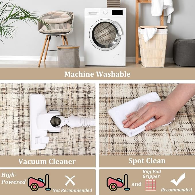 Tartan Plaid Washable Round Rugs, Non-Slip Soft Round Rug 4ft Ultra-Thin, Small Boho Circle Stain Resistant Low Pile Carpet for Entryway Kitchen Bedroom Nursery Bathroom, Beige