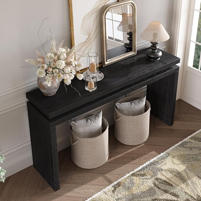 Wood Console Table, 60" Retro Narrow Long Sofa Table Behind Couch with Double Board Suspension Design and Solid Wood Finish for Hallway Entryway Living Room Entrance, Black