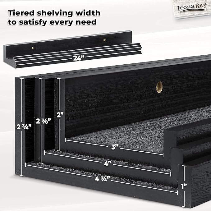 Icona Bay 24 Inch Floating Shelves for Wall - Set of 3 in Ebony Black - Modern Rustic Style - Wall Mounted Display Shelves - Picture Ledges
