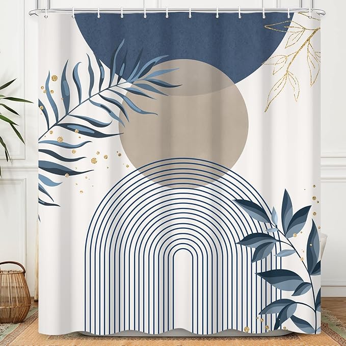 Boho Mid Century Shower Curtain, Navy Blue Modern Minimalist Abstract Geometric Gold Plant Leaves Sun Arch Bathroom Curtains Waterproof Fabric Buthtub Curtain Set with Hooks 60" Wx72 L