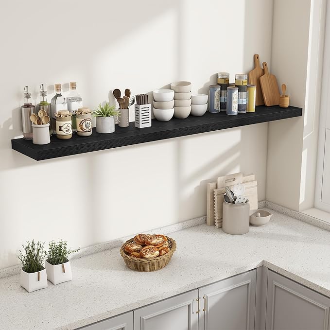 Fun Memories 72 Inch Fireplace Mantel Shelf, 10 Inch Deep Shelves for Display & Wall Storage, Rustic Wood Wall Shelf, Extra Long Floating Shelves for Living Room Laundry Room, Black, Set of 1