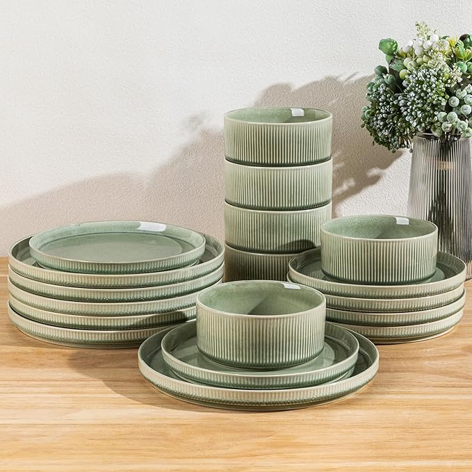 GBHOME 12-Piece Stoneware Dinnerware Set for 4 – Ribbed Ceramic Plates and Bowls, Scratch-Resistant, Microwave & Dishwasher Safe, Reactive Glaze, Light Green