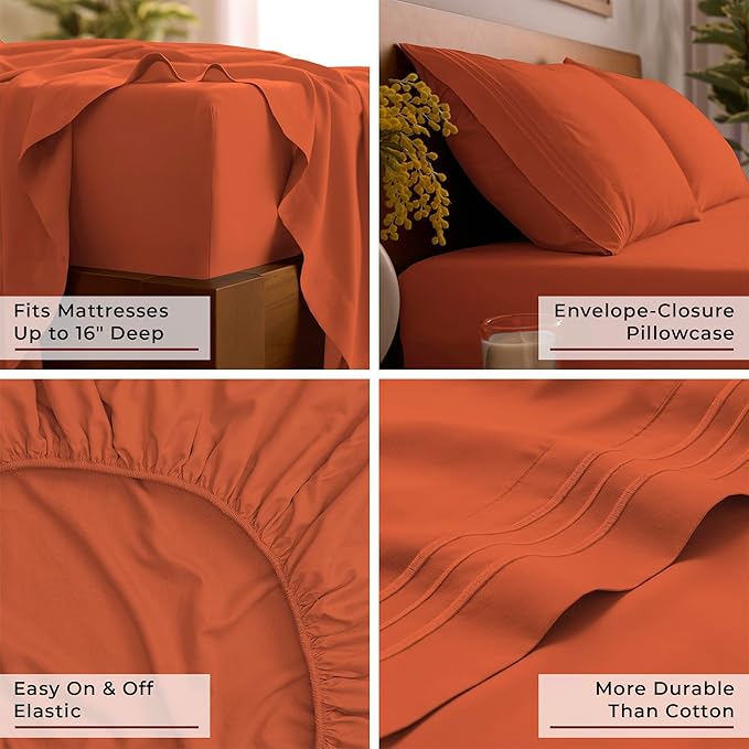 Mellanni Twin Sheets Set - 3 PC Iconic Collection Bedding - Hotel Luxury, Extra Soft, Cooling Bed Sheets - Wrinkle, Fade, Stain Resistant (Twin, Poppy Orange)