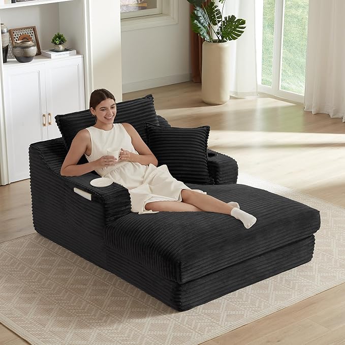 67" Oversized Chaise Lounge Chair Indoor, Boneless Cloud Couch with 3 Pillows, 2 Side Pockets and 2 Cup Holders, Corduroy Sleeper Sofa for Living Room Bedroom Reading Nook - Black | Breathable material