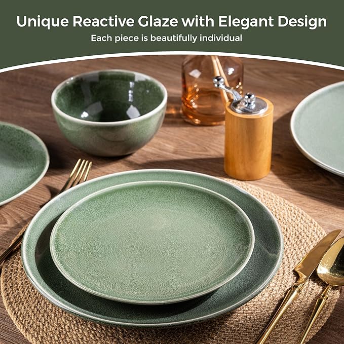 AmorArc Ceramic Dinnerware Sets for 4, 12 Pieces Handpainted Plates and Bowls Set, Scratch Resistant Stoneware Dishes Set, Dishwasher & Microwave Safe, Jade Green