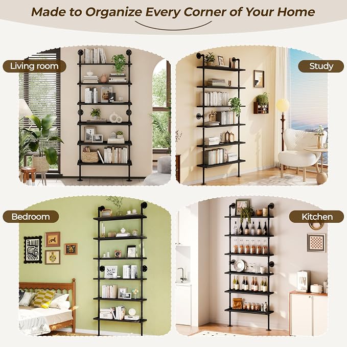 6 Tier Industrial Ladder Shelf Bookcase, Wall Mounted Rustic Bookshelf for Living Room Decor and Storage (Black, 6 Tier - 10" D x 36" W x 82.5" H)