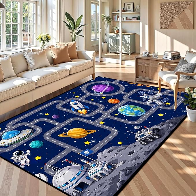 Outer Space Rug Astronaut Road Map Area Rug for Bedroom Living Room Nursery Kitchen Playroom Home Decor Washable Educational Floor Mat Galaxy Themed Carpet,6'x9'
