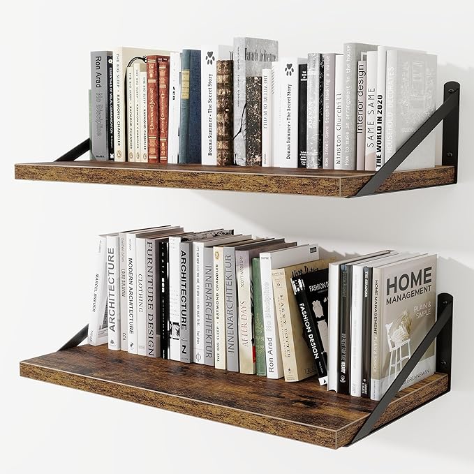 Deep Wall Shelves 24"W x 12"D Engineered Wood Floating Shelves for Wall, Sturdy Metal Bracket Bookshelves Home Decor Storage for Living Room Bedroom Bathroom Kitchen, Set of 2, Rustic Brown Finish