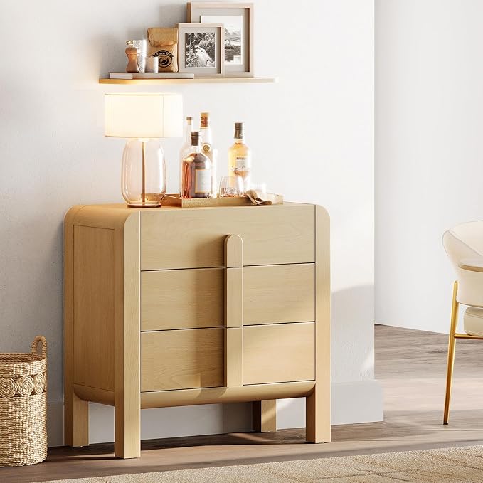 WAMPAT Sideboard Buffet Cabinet with Storage with 3 Drawers, Modern French 31.5" W Buffet Cabinet with Storage, Wood Coffee Bar Cabinets with Curved Edge Design for Kitchen Living Room, Oak