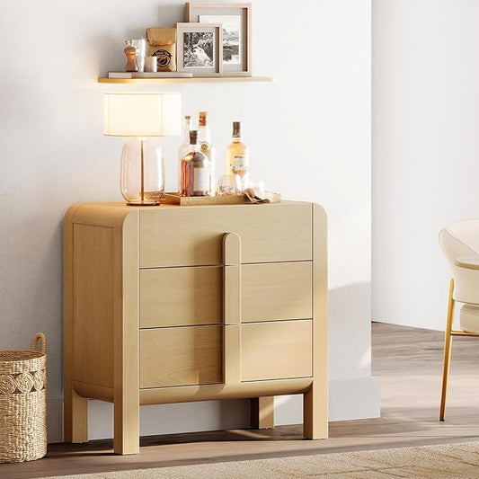WAMPAT Sideboard Buffet Cabinet with Storage with 3 Drawers, Modern French 31.5" W Buffet Cabinet with Storage, Wood Coffee Bar Cabinets with Curved Edge Design for Kitchen Living Room, Oak