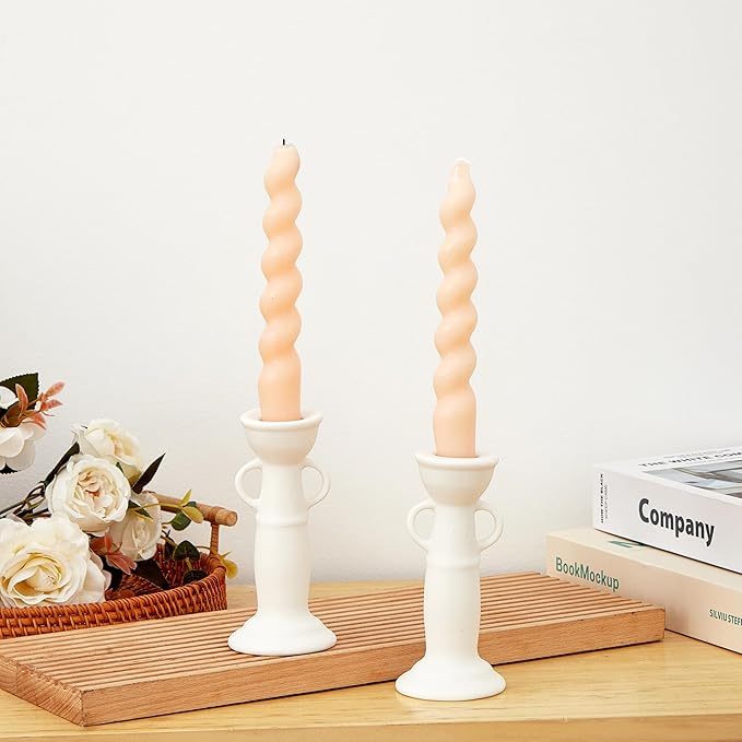 Denique Ceramic Candle Holders Set of 2, Creative Modern Minimalist Candlestick Holder Set, Table Centerpiece Taper Candle Holders, Candlelight Dinner Creative Decoration Ornaments (White)