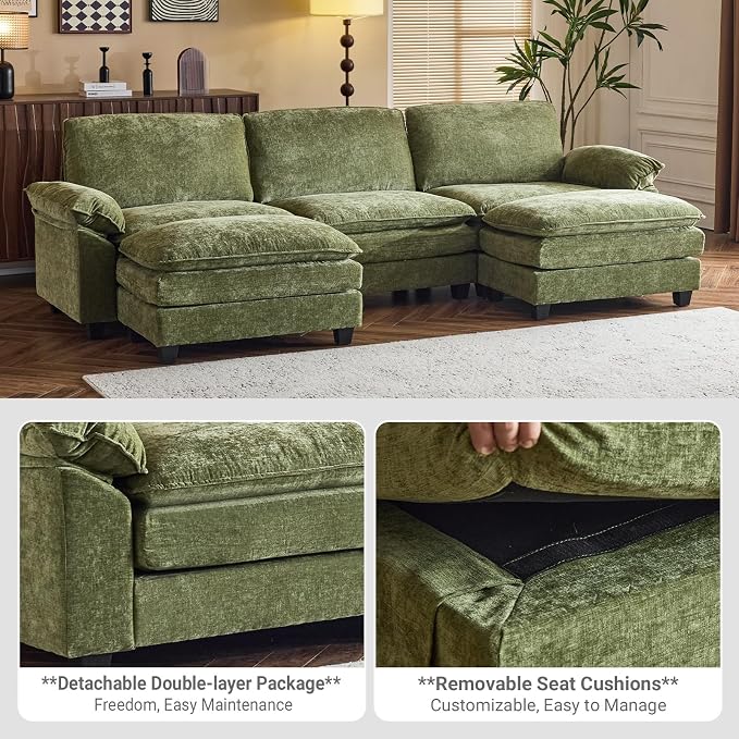 VINGLI 122" Cloud Olive Green Convertible Sectional Sofa, Comfy U-Shape Extra Deep Seat Sofa Couch for Living Room,Modern Chenille 3-Seat Convertible Sofa with 2 Movable Ottomans for Small Space